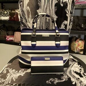 Kate Spade saffiano leather satchel in navy pink and white stripes with wallet